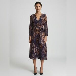 Reiss Abstract Print Midi Belted Dress Navy Orange V-Neck 3/4 Sleeve  Sz 2